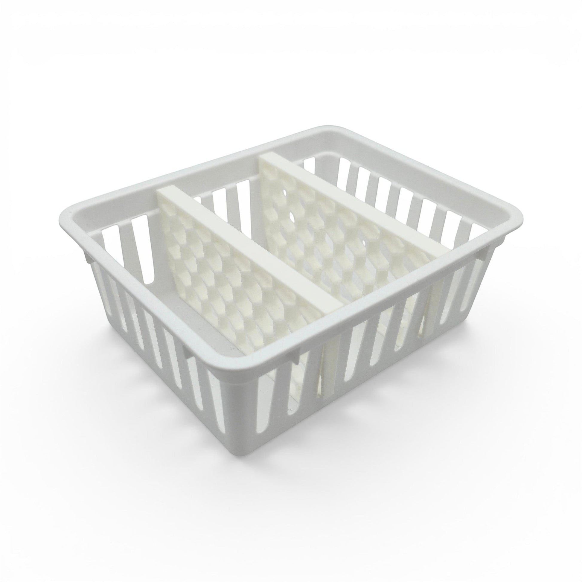white honeycomb storage basket dividers inside a rectangular plastic organizer bin. Side right view of basket with two dividers inside.