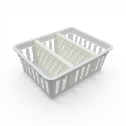 white honeycomb storage basket dividers inside a rectangular plastic organizer bin. Side right view of basket with two dividers inside.