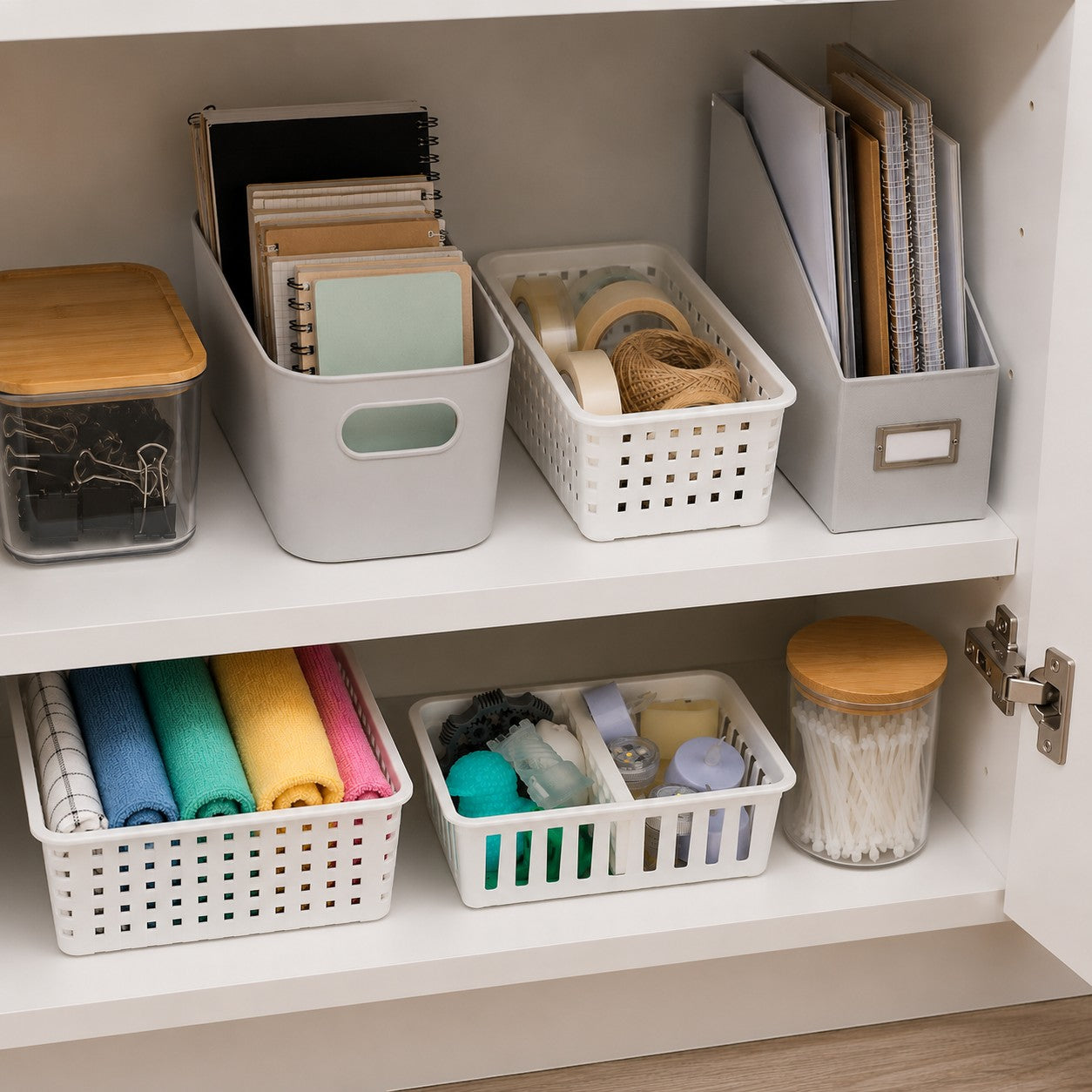honeycomb storage basket dividers organizing toiletries and craft supplies inside a white cabinet.