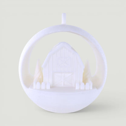white PLA plastic illuminated winter barn ornament with trees and picket fence, rustic holiday decor. Light off, front center of ornament.