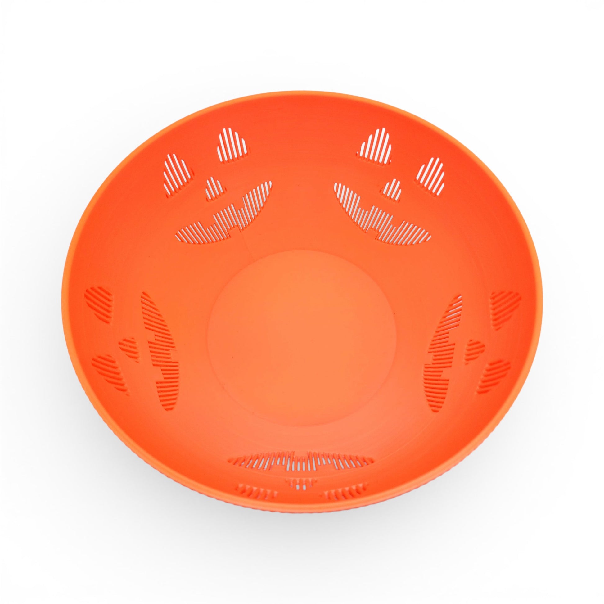 Orange PLA plastic Jack-o'-lantern candy bowl with carved face details, perfect for Halloween. Top down of bowl, empty.