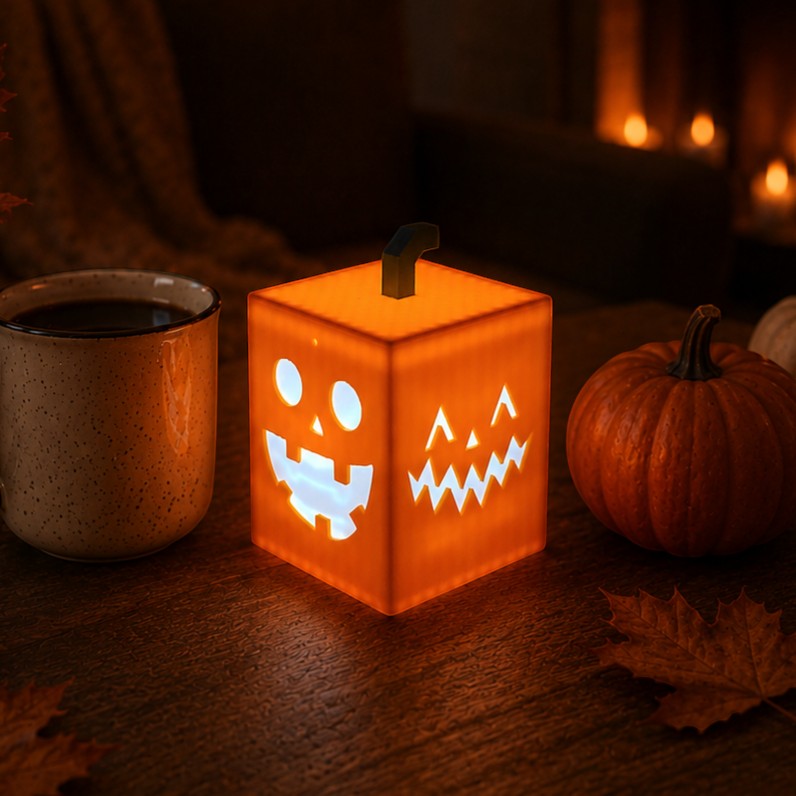 Jack O Lantern Cube Light with playful faces, glowing orange, PLA material, perfect for Halloween decor.