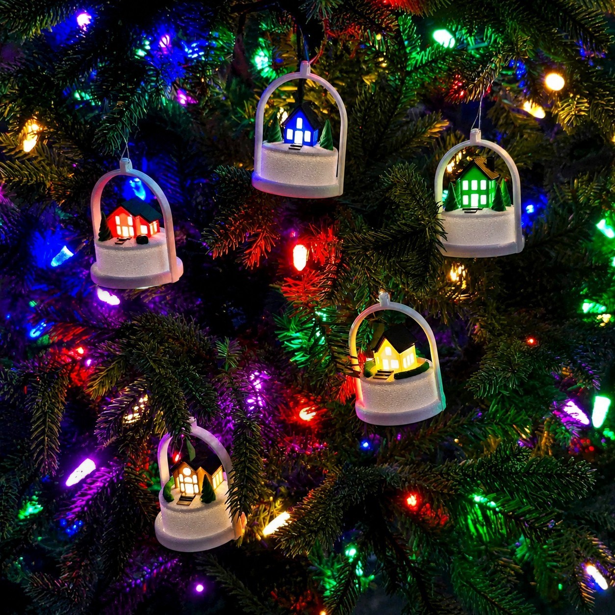 miniature winter village house ornaments with glowing lights hanging on a colorful Christmas tree.