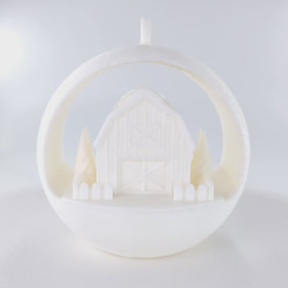 Rotating Illuminated Winter Barn Ornament . First half is with the LED tealight off and the second half is with LED tealight off. 