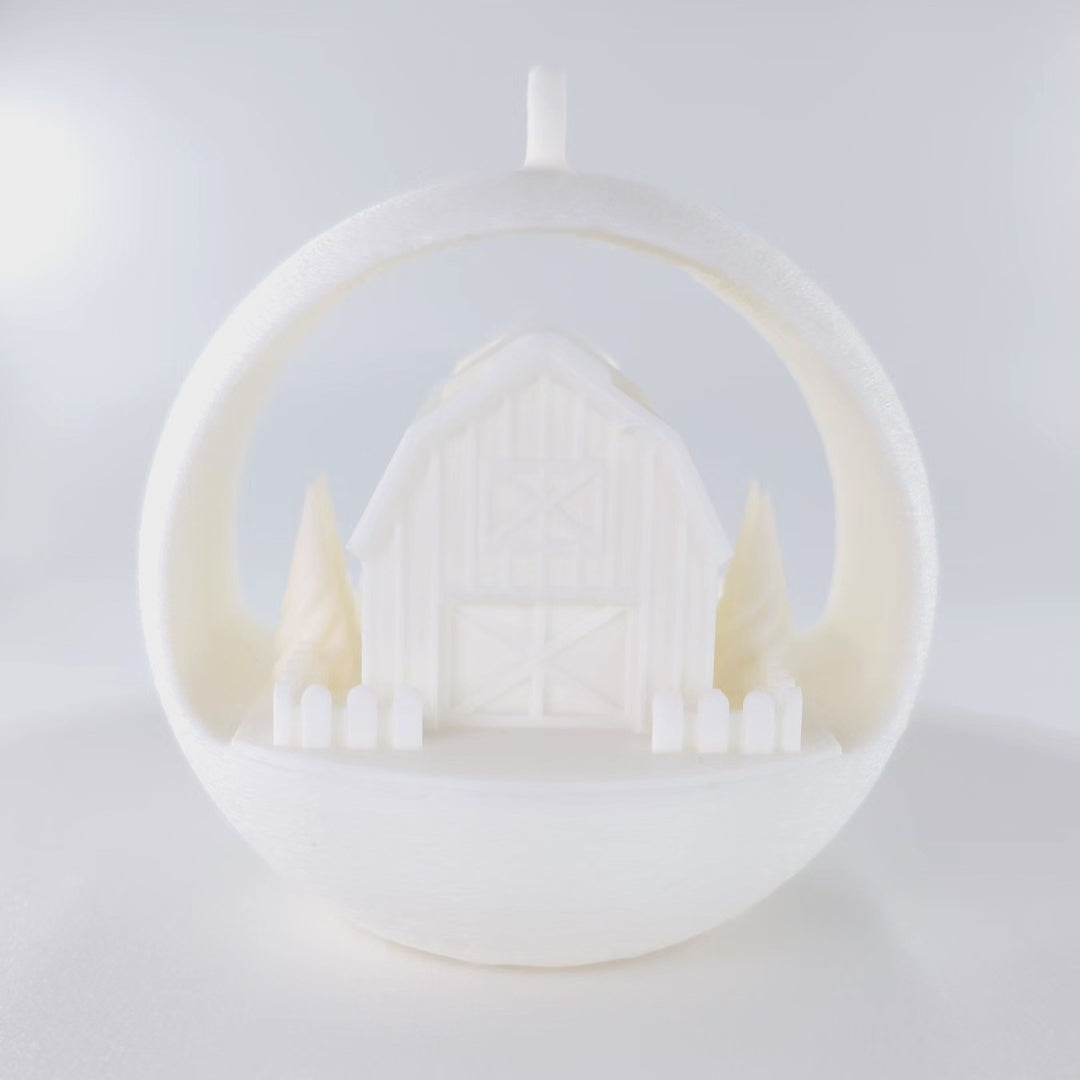 Rotating Illuminated Winter Barn Ornament . First half is with the LED tealight off and the second half is with LED tealight off. 