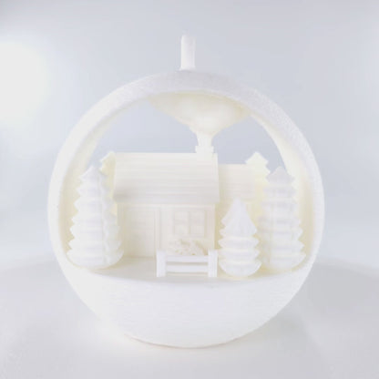 Rotating Illuminated Winter Farmhouse Ornament. First half has LED off and second half has LED on with the background lights dimmed.  