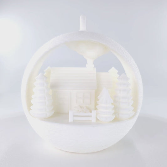 Rotating Illuminated Winter Farmhouse Ornament. First half has LED off and second half has LED on with the background lights dimmed.  