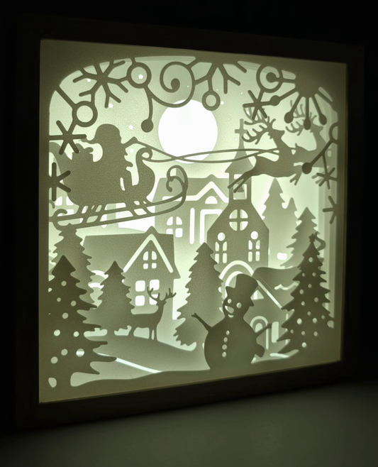 Rotating LED Illuminated Christmas Village and Santa Lightbox. 