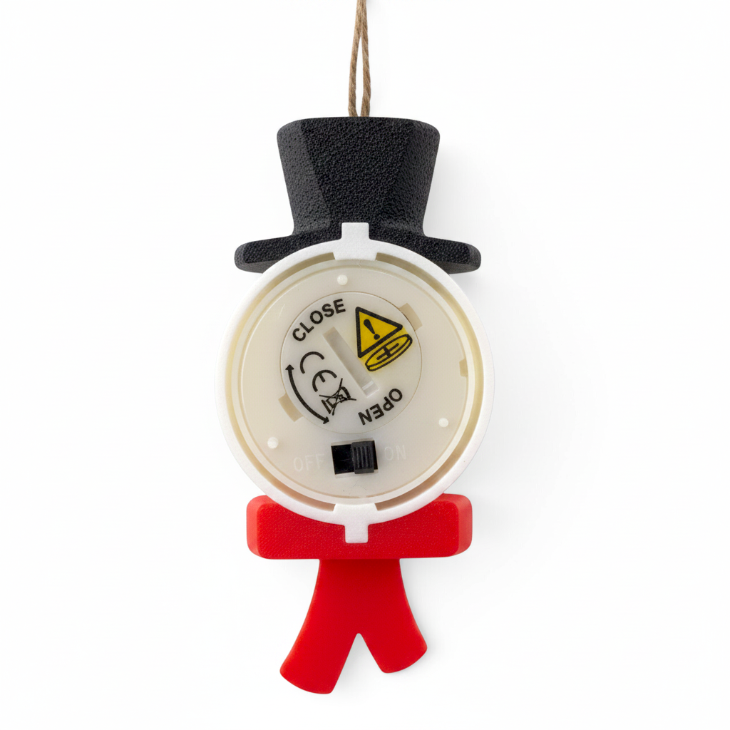 Back view of a snowman tea light ornament featuring a black top hat, red scarf, and battery case.