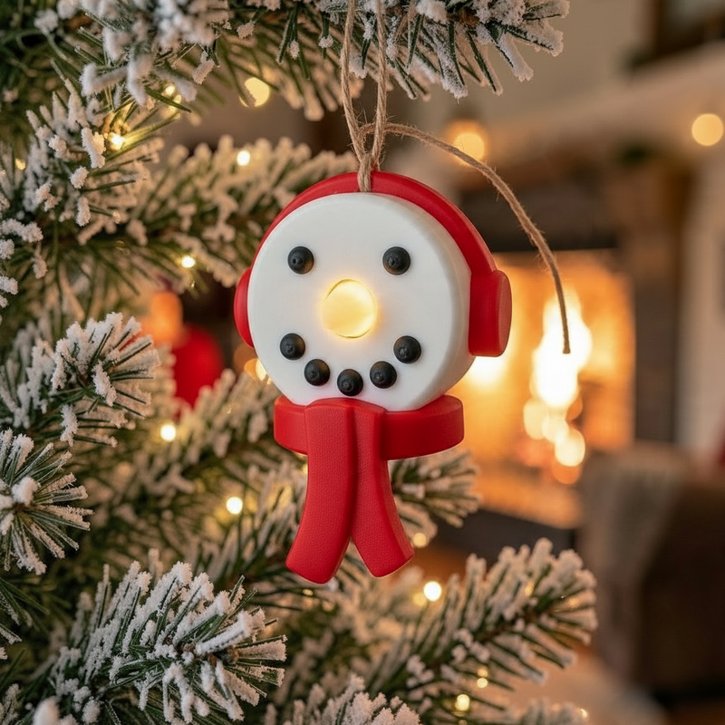 snowman tea light ornament with red earmuffs and scarf hanging on a snowy Christmas tree