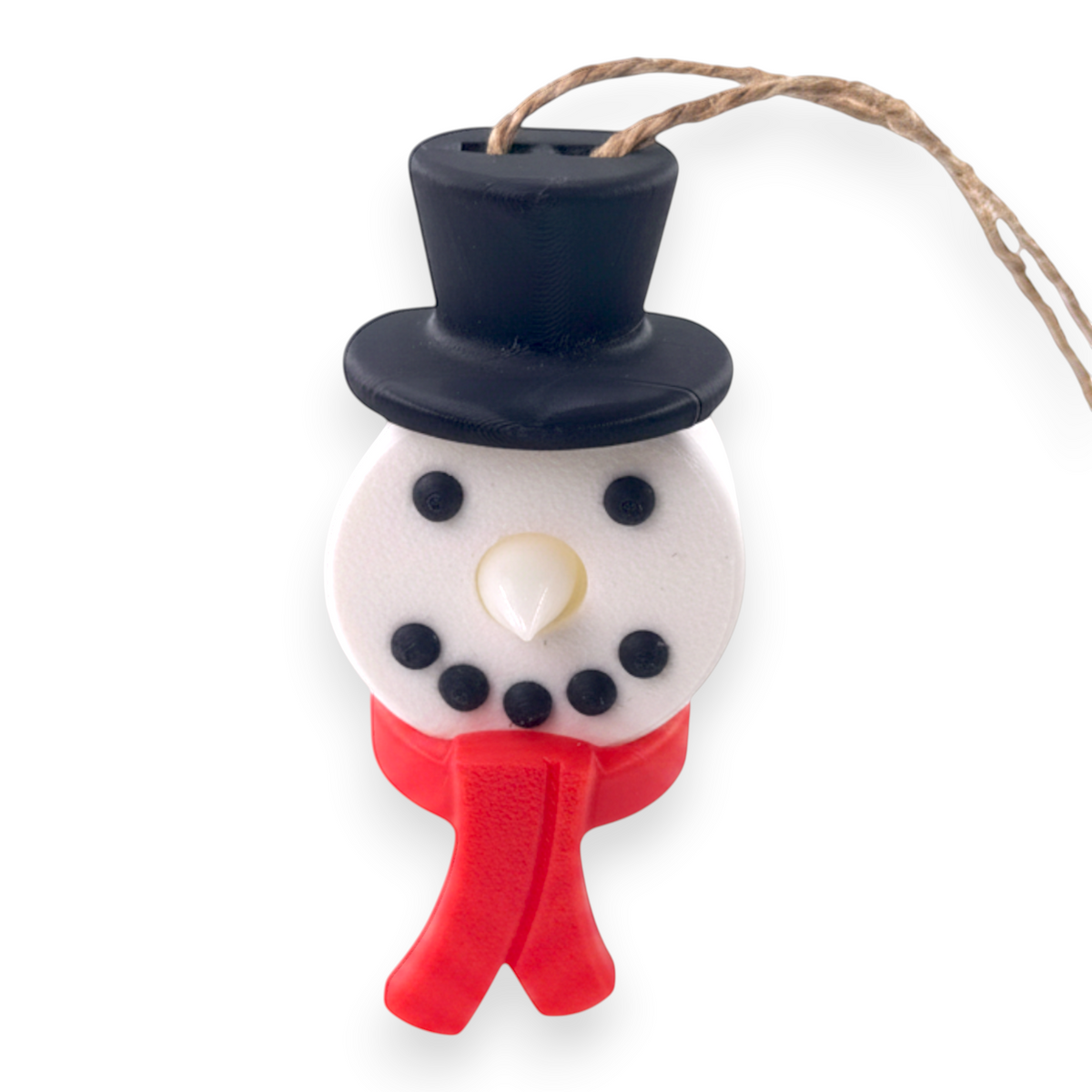 snowman tea light ornament with a black top hat, white face, and red scarf on a rustic twine loop