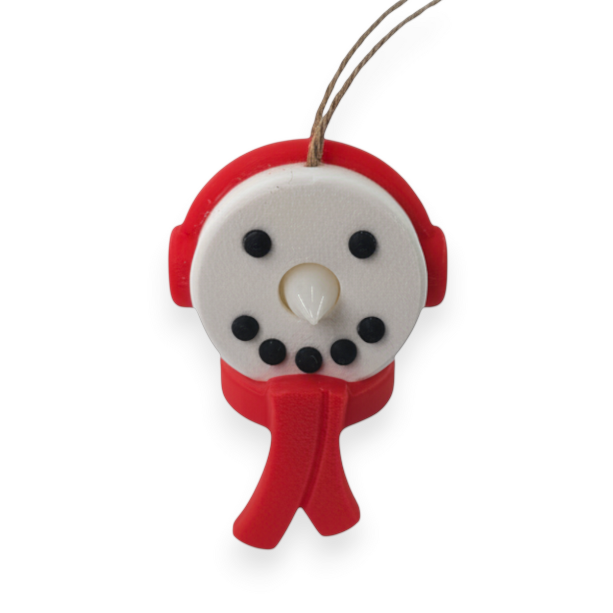 snowman tea light ornament with a red scarf and earmuffs, featuring a white face and hanging cord.