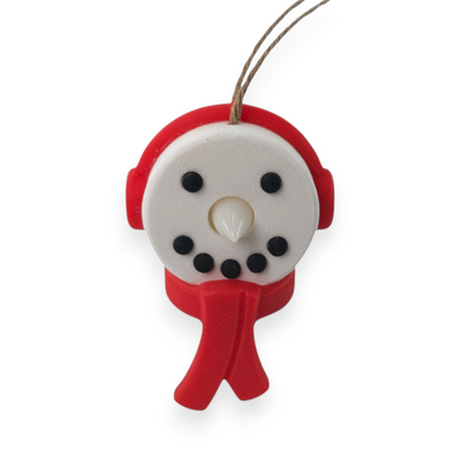snowman tea light ornament with a red scarf and earmuffs, featuring a white face and hanging cord.