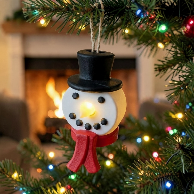 Snowman tea light ornament with a black top hat and red scarf hanging on a Christmas tree.