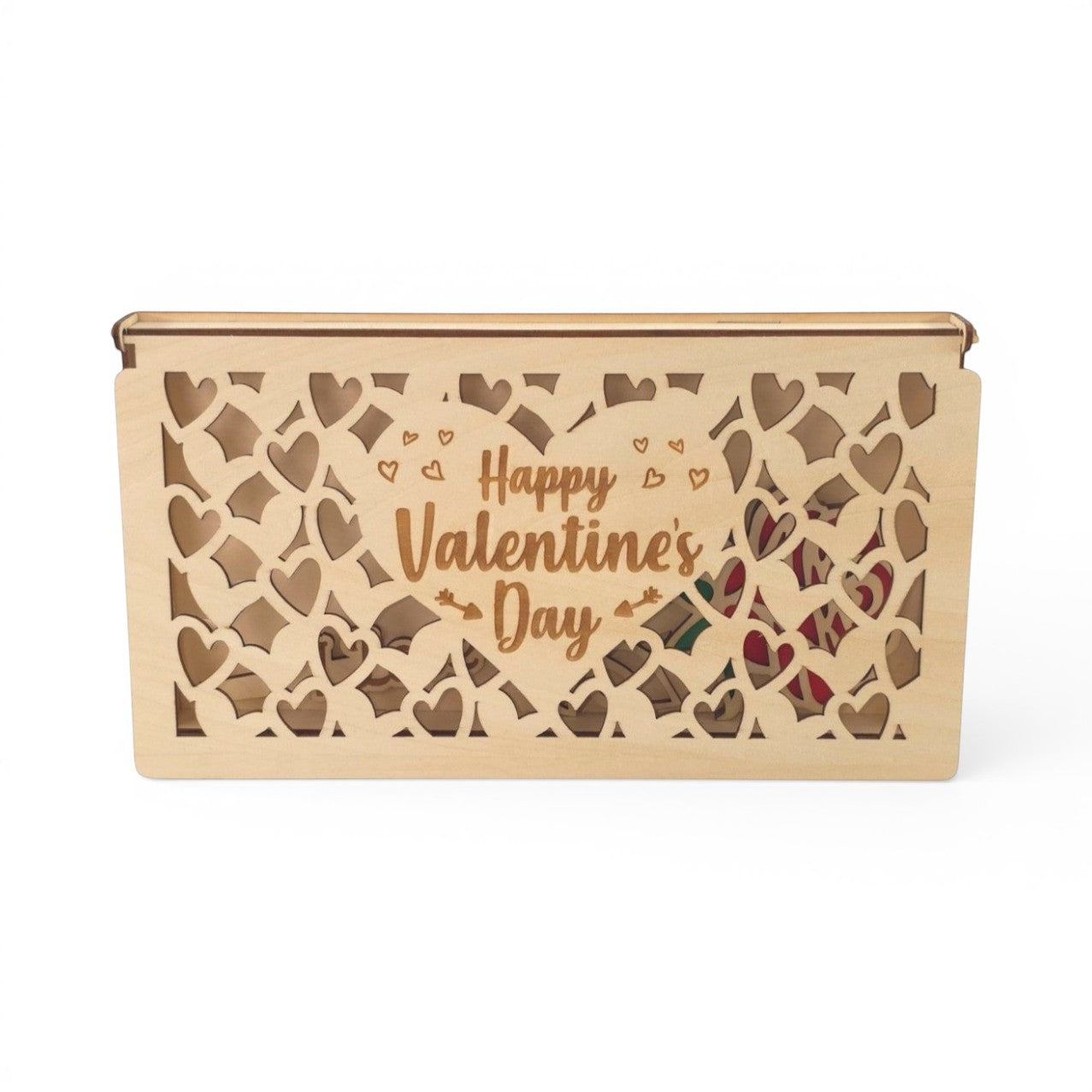 Valentine's Day laser cut wooden box with heart patterns and "Happy Valentine's Day" inscription.