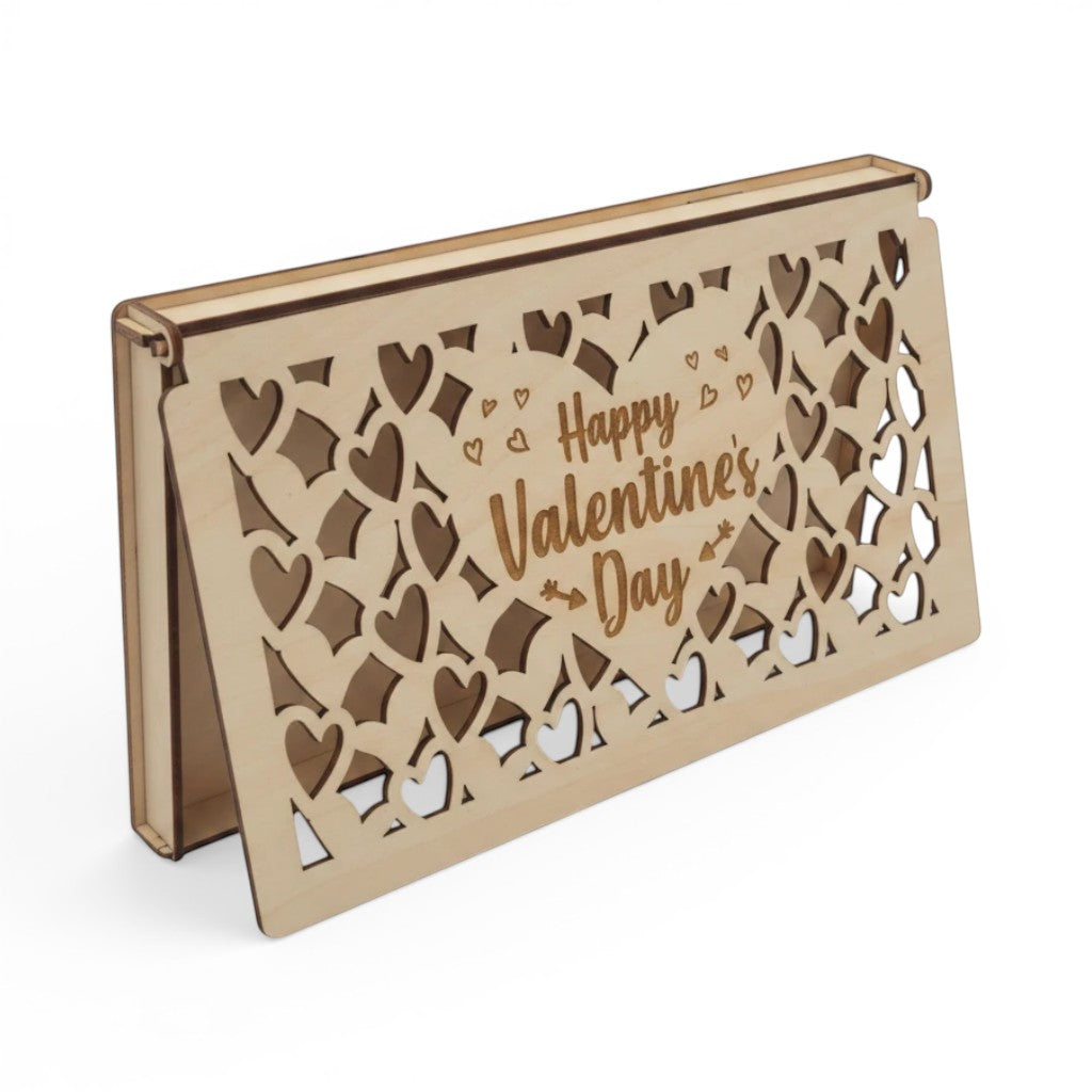 Valentine's Day laser cut wooden box with heart patterns and "Happy Valentine's Day" inscription.
