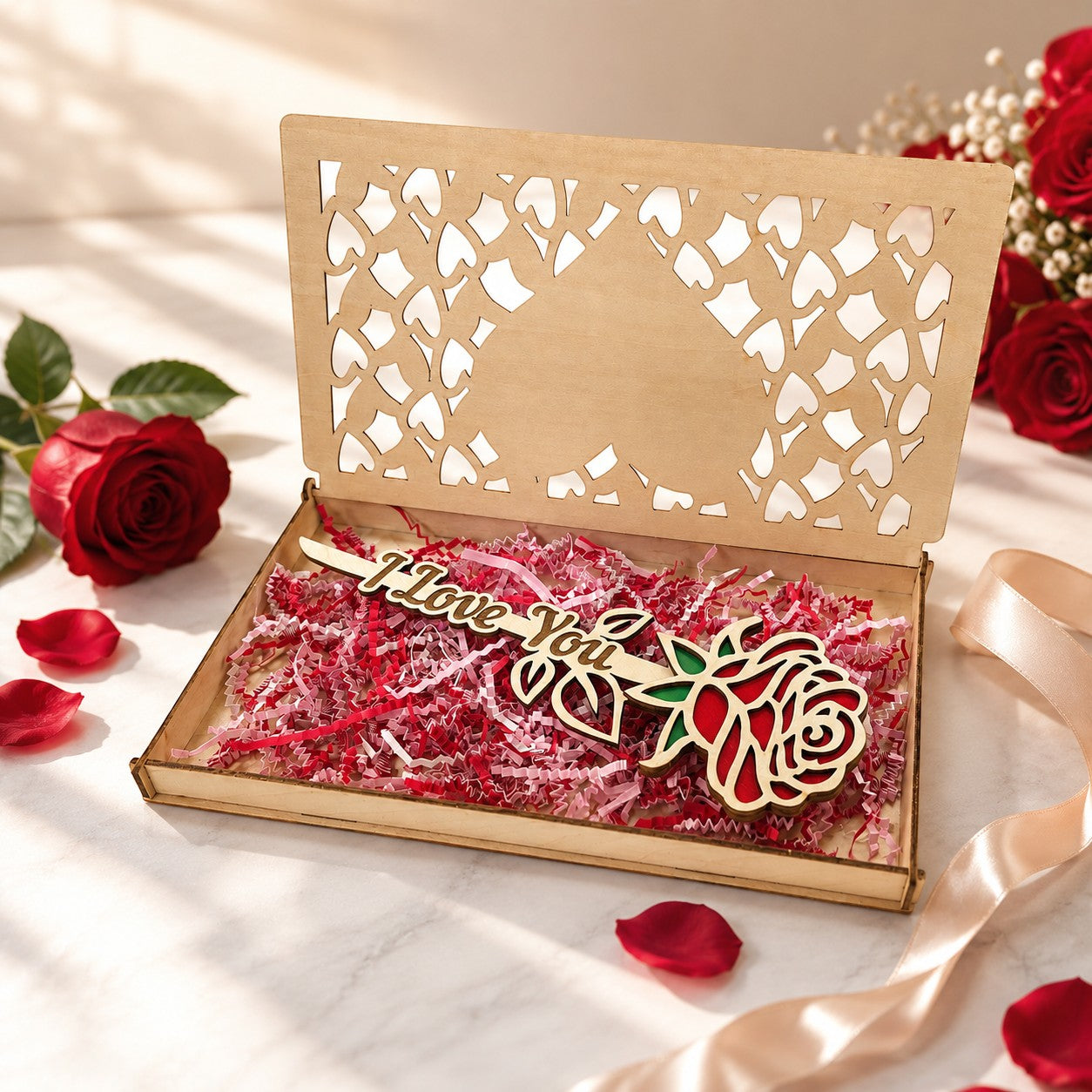 Valentine's Day wooden rose gift box with laser-cut hearts and 'I Love You' inscription.