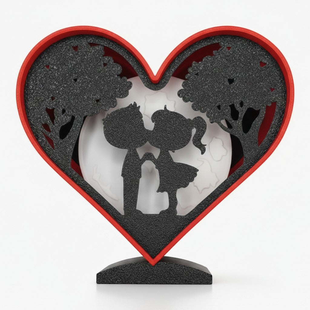 Valentines Heart Light Box with couple silhouette, trees, and moon. Red frame.