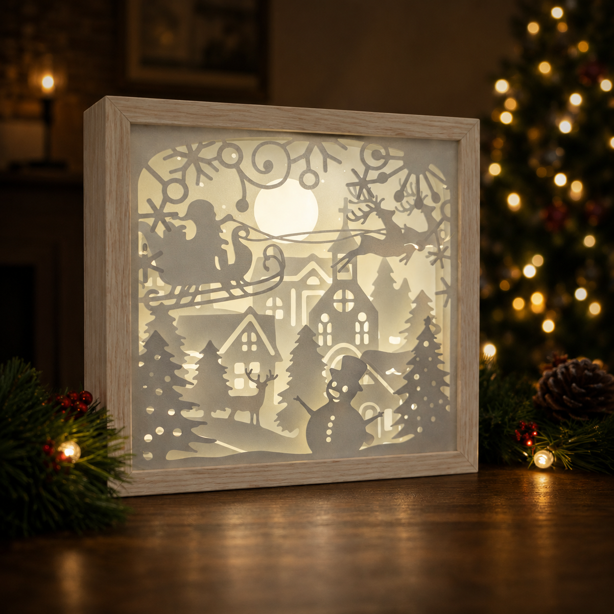 Framed 3d printed layered cutout art of a Christmas scene with Santa Claus, reindeer, and snowman, surrounded by festive lights and decorations.