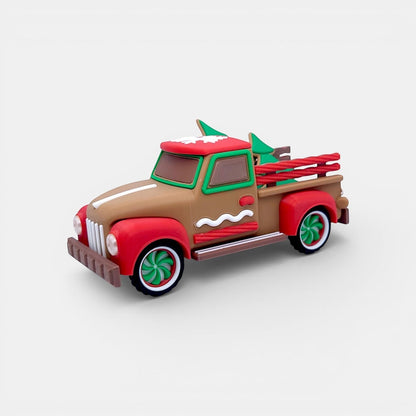 Vintage Christmas truck decoration in tan, red, and green with gingerbread accents and miniature trees.