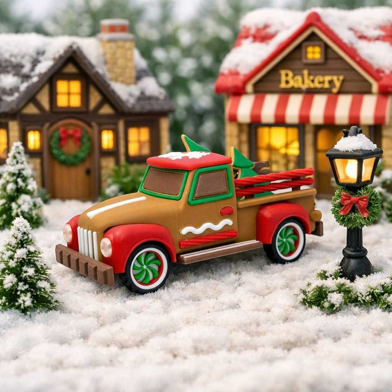 Vintage Christmas truck decoration, tan and red with gingerbread accents and miniature trees.