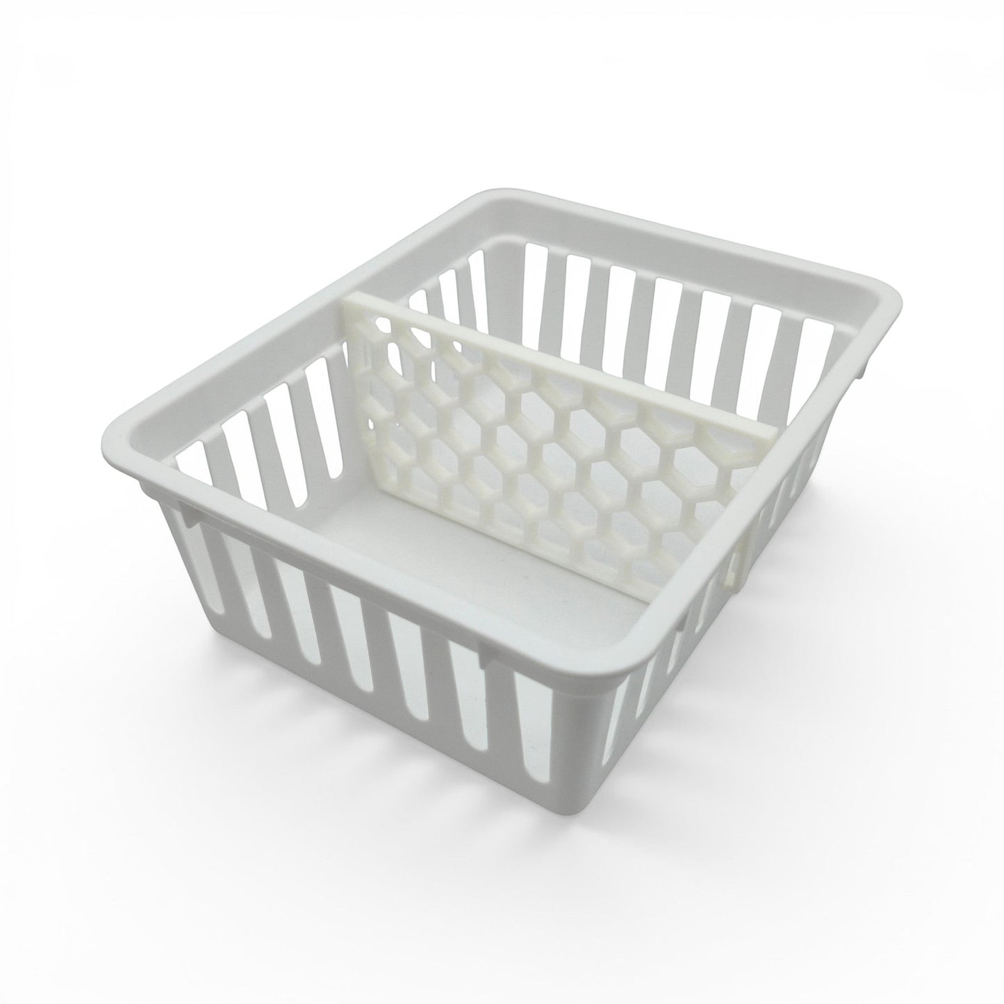 white plastic storage basket with a modern honeycomb-patterned divider for home organization. Top inside view with one divider inside.