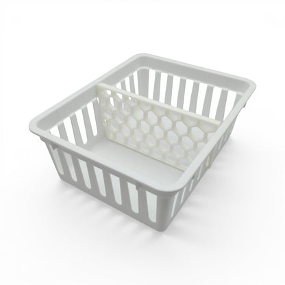 white plastic storage basket with a modern honeycomb-patterned divider for home organization. Top inside view with one divider inside.