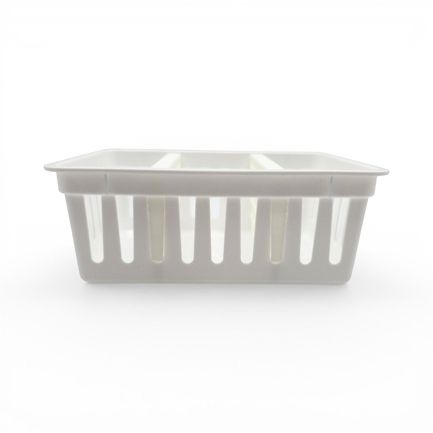 white plastic storage basket with honeycomb pattern dividers for organized home storage. Front view of basket with two dividers.