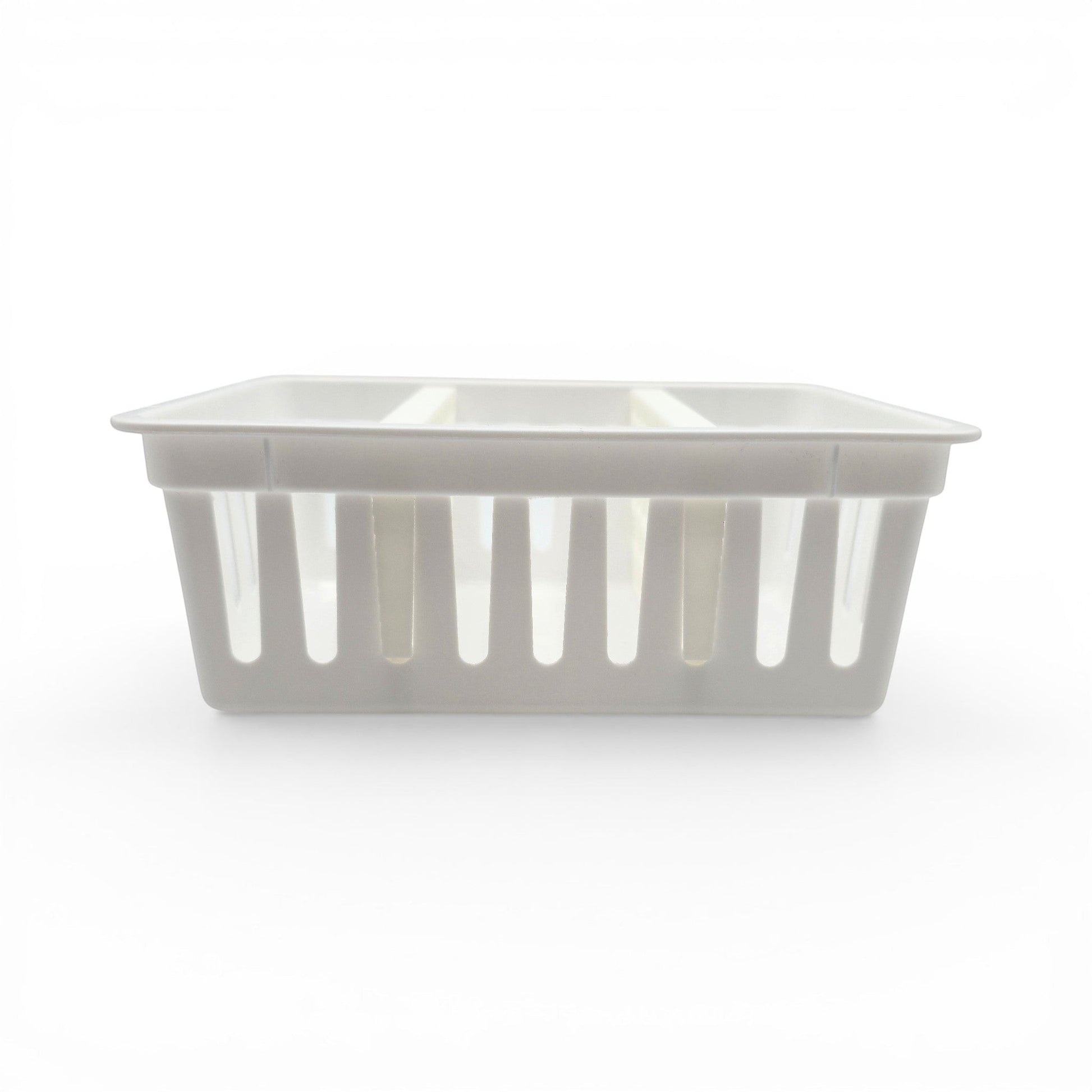 white plastic storage basket with honeycomb pattern dividers for organized home storage. Front view of basket with two dividers.