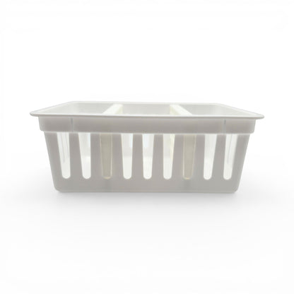white plastic storage basket with honeycomb pattern dividers for organized home storage. Front view of basket with two dividers.