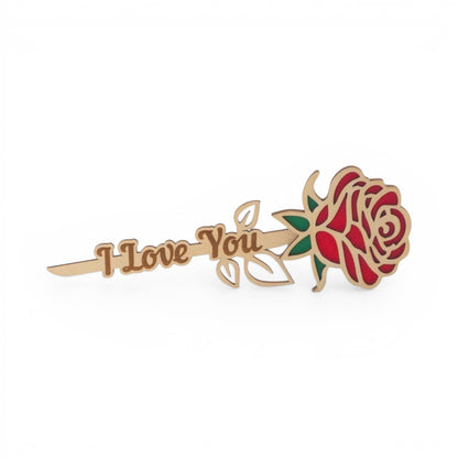 Wooden rose with "I Love You" etched on stem, red petals, green leaves. Laser cut keepsake.