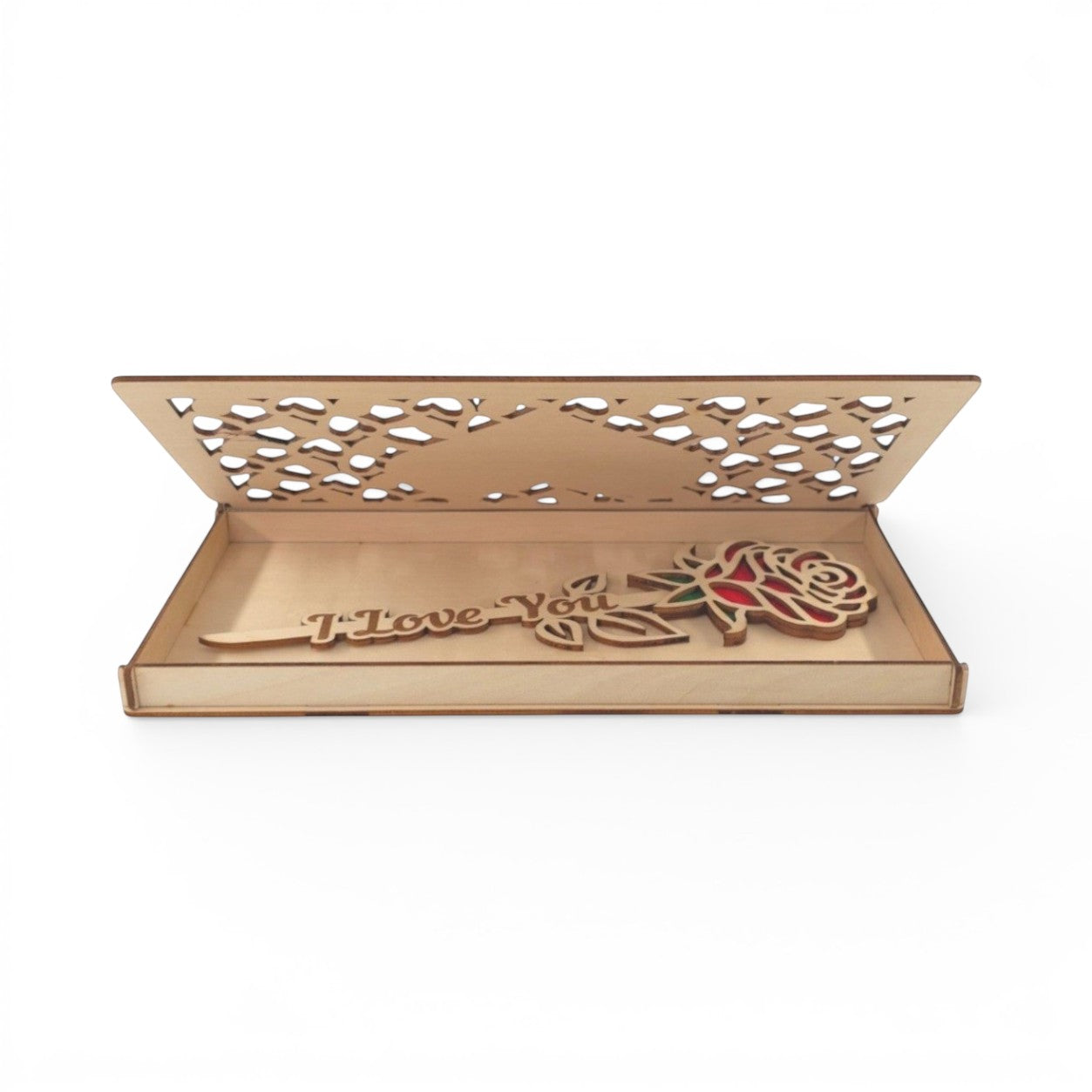 Wooden keepsake box with laser-cut hearts and a red rose with "I Love You" etched on the stem.